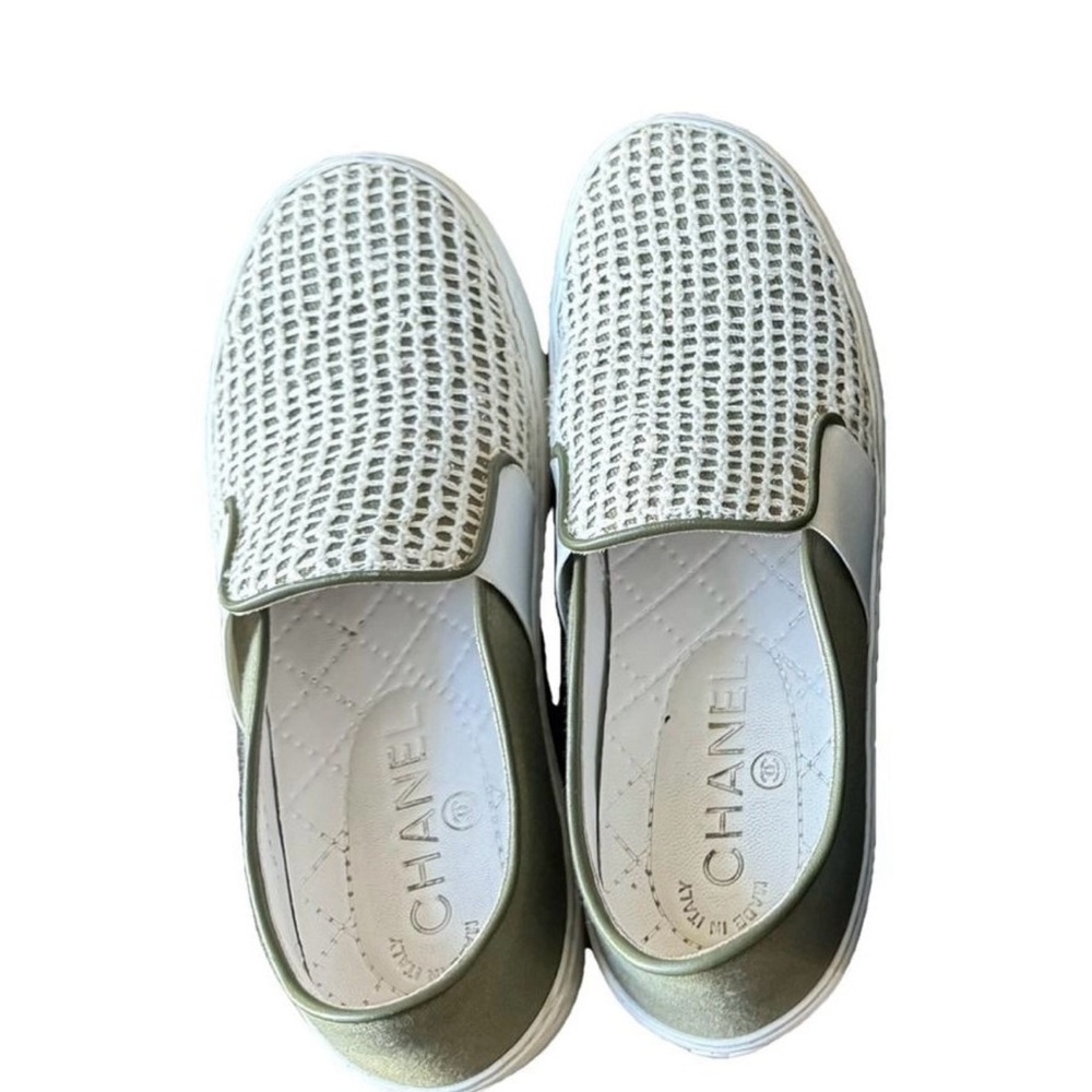 CHANEL Woven White and Olive Slip-Ons